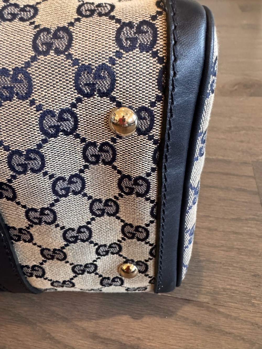 Gucci Beige GG Canvas Boston Bag with Navy and Red Stripe - Picture 7 of 11